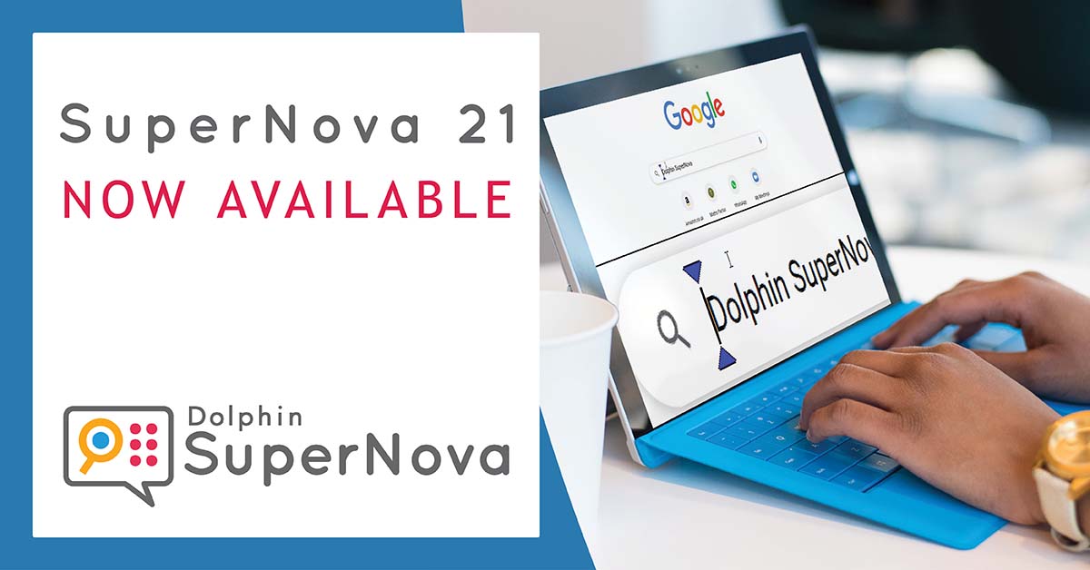SuperNova magnifying the Google web page on a laptop. Text reads "SuperNova 21 now available"